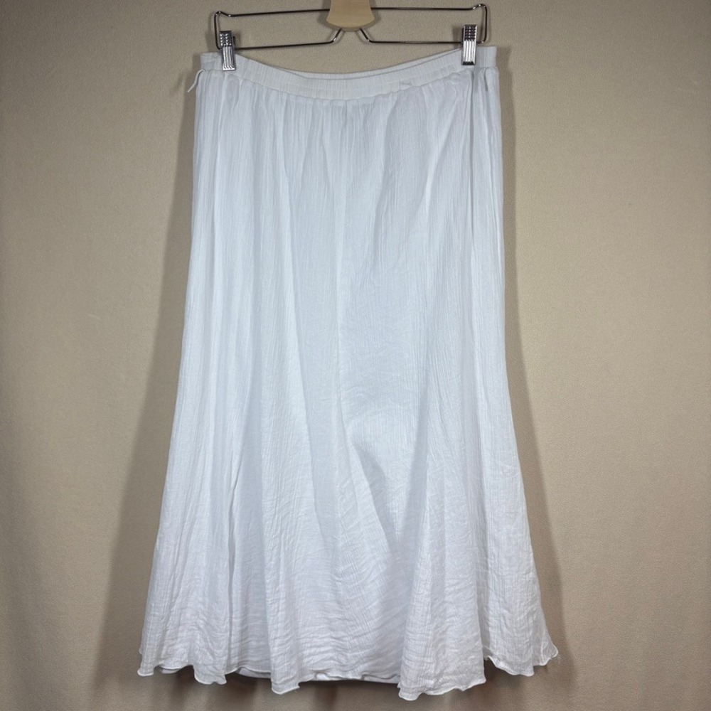 AB Studio Crinkle Gauze Maxi Skirt L White Lined Boho Cottagecore Fairy Coastal